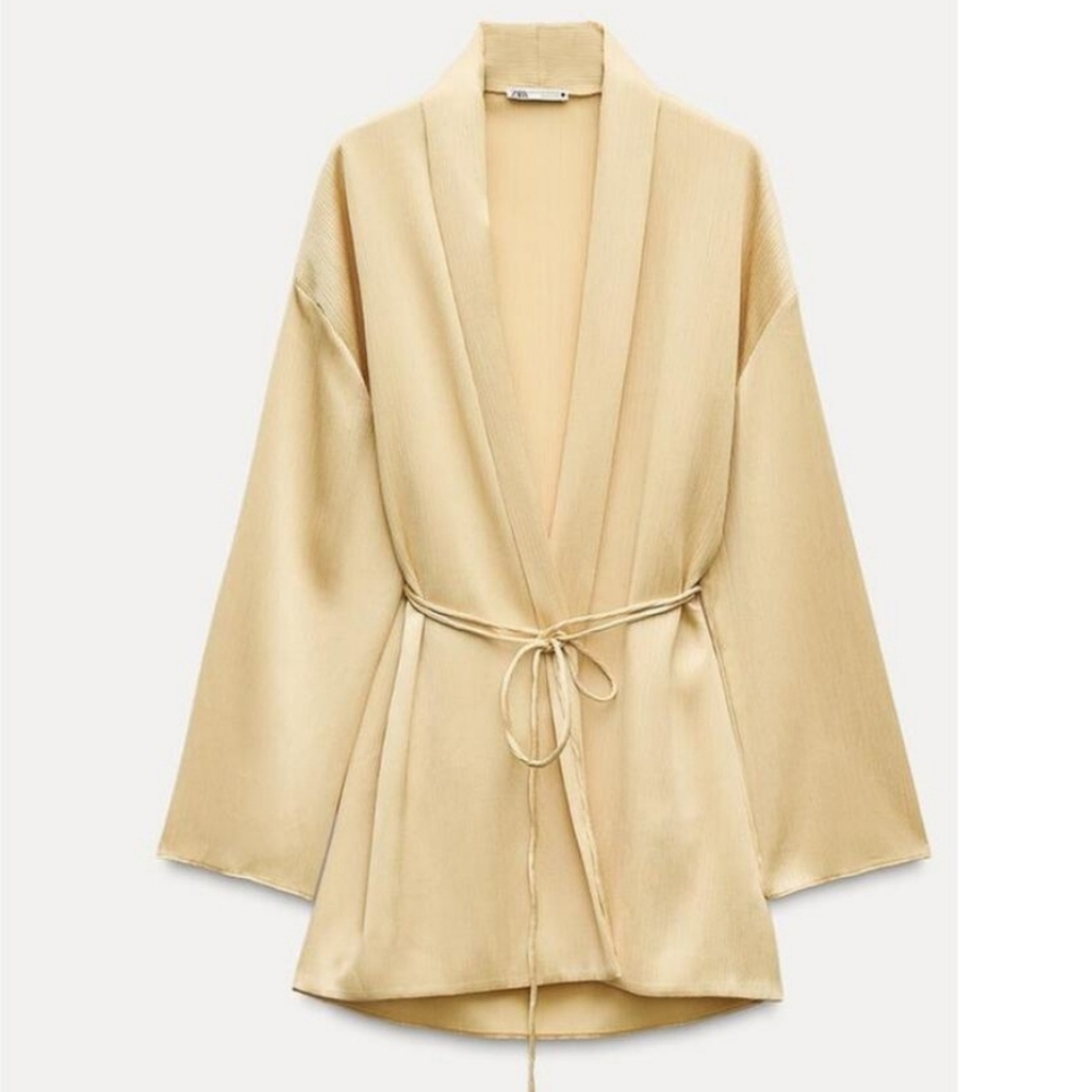 Zara 2 pieces set belted pleated kimono and pleated wide leg pants yellow NWT - Picture 14 of 16